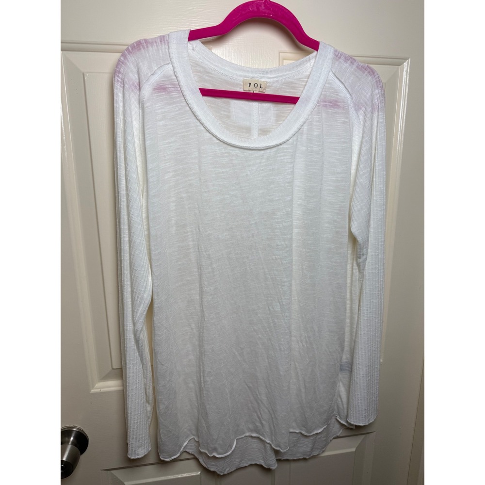 POL Womens White Slub Knit Long Sleeve Scoop Neck Raw Hem Top